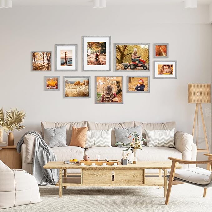 KINLINK 12x16 Picture Frame Grey, Solid Wood Frames with Acrylic Plexiglass for Pictures 11x14/9x12 with Mat or 12x16 without Mat,Wall Display Photo Frame, Set of 4