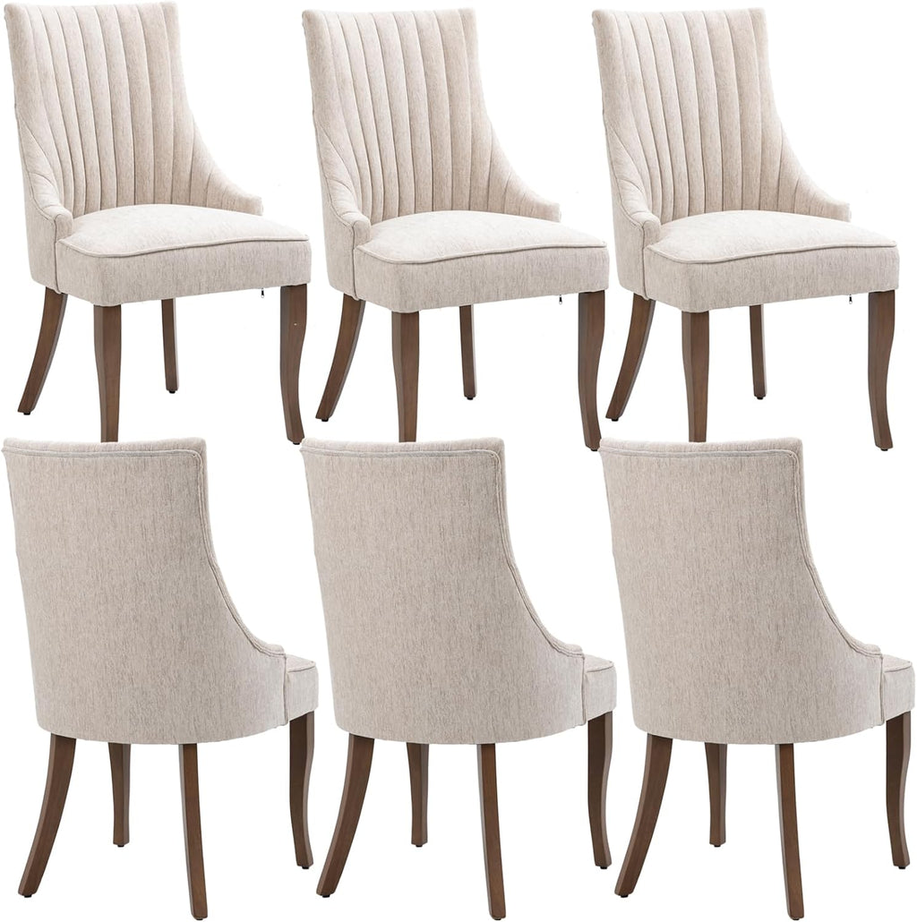 mikibama Linen Beige Dining Chairs Set of 6 Channel Tufted Kitchen Dinner Chair Comfy Fabric Upholstered Accent Chair for Dining Room with Solid Wood Legs