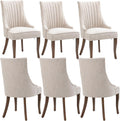 mikibama Linen Beige Dining Chairs Set of 6 Channel Tufted Kitchen Dinner Chair Comfy Fabric Upholstered Accent Chair for Dining Room with Solid Wood Legs