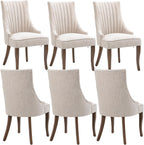mikibama Linen Beige Dining Chairs Set of 6 Channel Tufted Kitchen Dinner Chair Comfy Fabric Upholstered Accent Chair for Dining Room with Solid Wood Legs