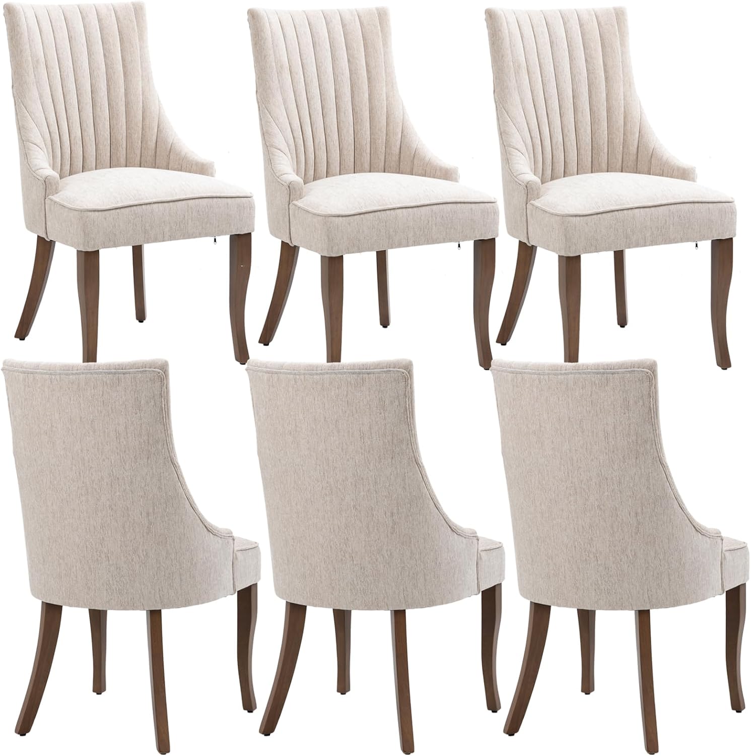 mikibama Linen Beige Dining Chairs Set of 6 Channel Tufted Kitchen Dinner Chair Comfy Fabric Upholstered Accent Chair for Dining Room with Solid Wood Legs