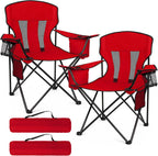 Heavy Duty Camping Chair 2-Pack, 400 LBS Capacity Folding Outdoor Chair with Cooler Bag, Oversized Portable Chair with Mesh Back & Cup Holder for Camping, Fishing, Tailgating (Red)