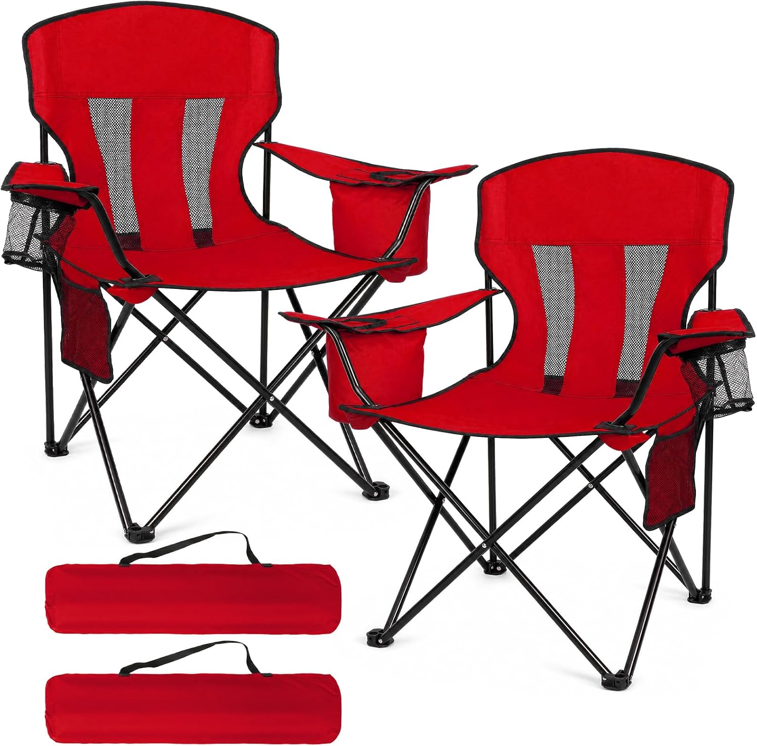 Heavy Duty Camping Chair 2-Pack, 400 LBS Capacity Folding Outdoor Chair with Cooler Bag, Oversized Portable Chair with Mesh Back & Cup Holder for Camping, Fishing, Tailgating (Red)