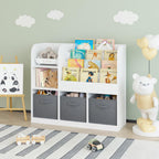 Kids Bookcase with 3 Collapsible Fabric Drawers, Multifunctional Toy | Sturdy MDF construction holds heavy books; anti-tip device for safety; 3 collapsible fabric drawers for toy storage; per