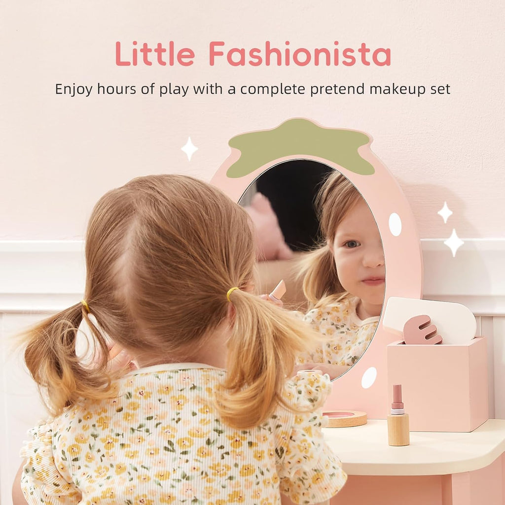 OOOK Toddler Vanity for 3 Year Old with 10pcs Pretend Makeup Accessories | FSC Safety, Kids Vanity and Makeup Table for Kids with Drawer, Pink Strawberry-Themed, Ideal Gift Choice for Girls Aged 3+