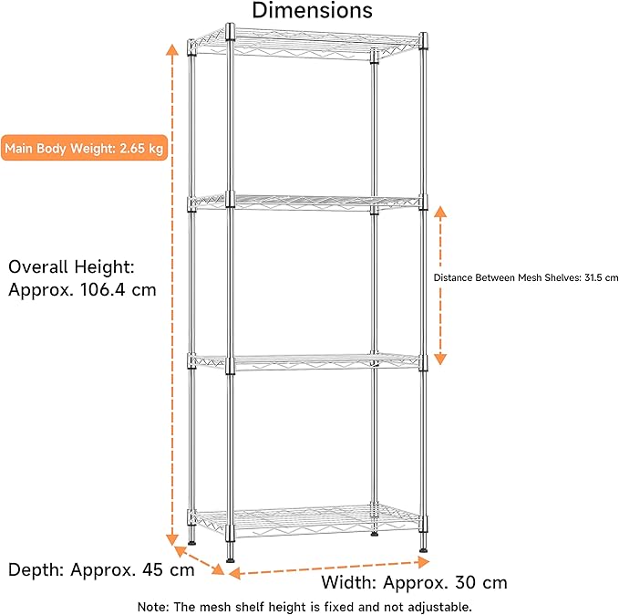 IZEUK 4 Tier Metal Wire Shelf Unit, Chrome Storage Rack Organizer for Kitchen, Bedroom, Living Room or Laundry Room, 17.7" W x 11.8" D x 41.9" H