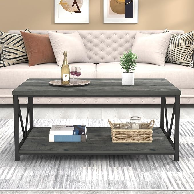 EXCEFUR Coffee Table, Rustic Wood and Metal Center Table for Living Room, 39.3 Inch Grey