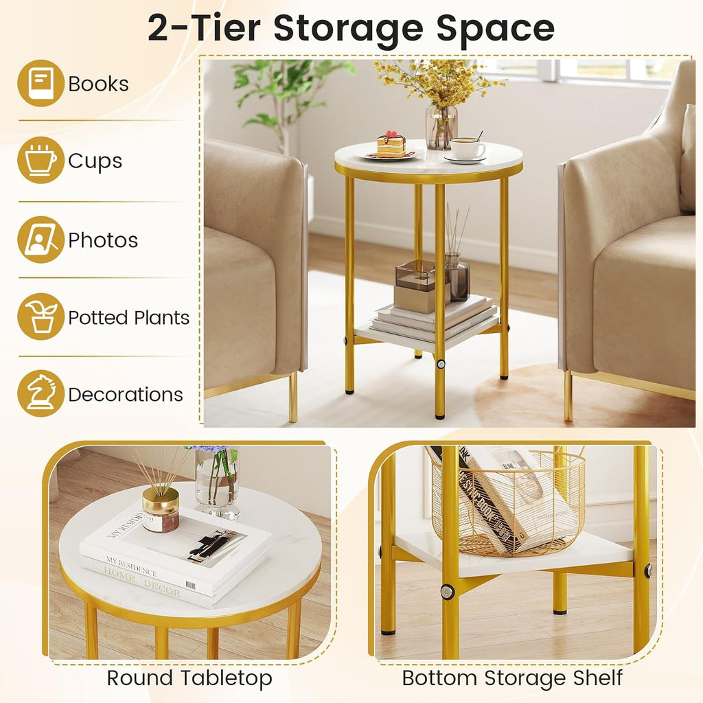 Giantex Round Side Table Set of 2, 2-Tier Faux Marble Bedside Night Stand w/Metal Frame & Open Storage Shelf, Gold Accent Style, Tall Coffee Sofa End Table for Living Room Bedroom Small Spaces