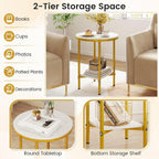 Giantex Round Side Table Set of 2, 2-Tier Faux Marble Bedside Night Stand w/Metal Frame & Open Storage Shelf, Gold Accent Style, Tall Coffee Sofa End Table for Living Room Bedroom Small Spaces