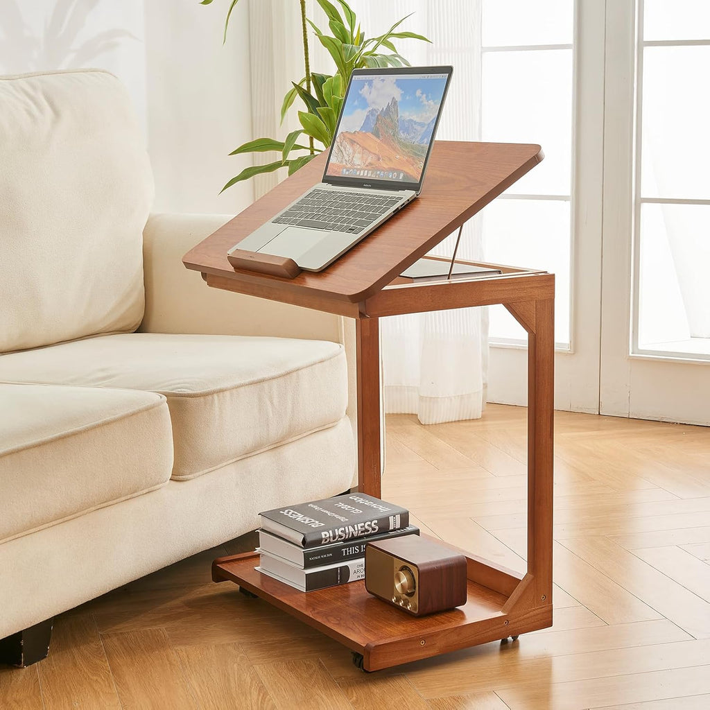 CozyDH Bedroom Side Table - Wooden End Tables Bedroom, C Shaped End Table with Wheels, Small Rolling Table for Bedside, Skinny Tray Desk for Sofa/Couch/Living Room, Teak