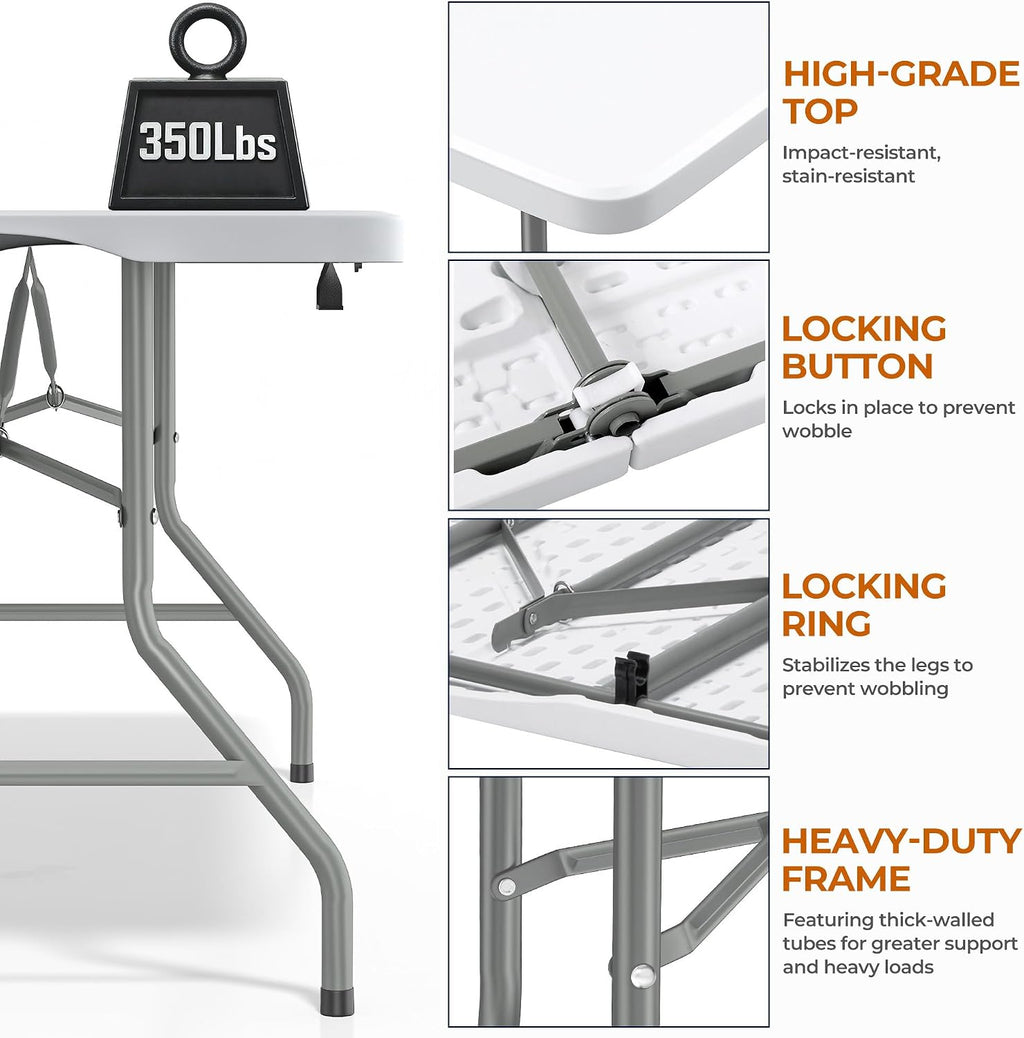 SKONYON 6ft Folding Table Heavy Duty 350 LBS Foldable Table with 18% Thicker HDPE Top Reinforced Steel Frame Portable Fold-in-Half Table Under 22 lbs for Outdoor Indoor Party Wedding Camping White