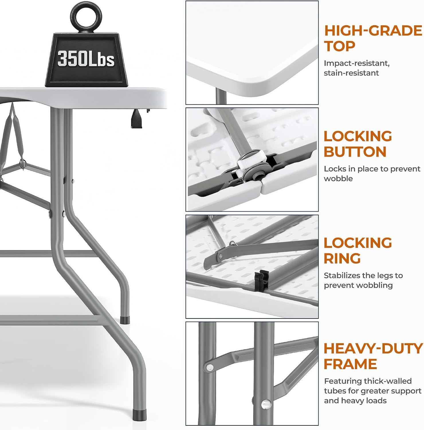 SKONYON 6ft Folding Table Heavy Duty 350 LBS Foldable Table with 18% Thicker HDPE Top Reinforced Steel Frame Portable Fold-in-Half Table Under 22 lbs for Outdoor Indoor Party Wedding Camping White