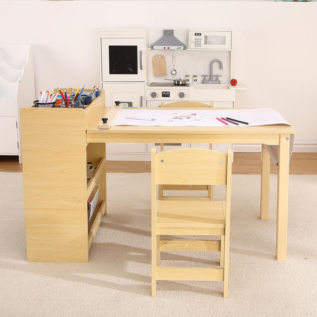 Kids Art Table with 2 Chairs, Toddler Craft Desk with Large Shelves Storage for Drawing & Writing, Activity Craft Table, with Paper Roller Wooden Furniture for Ages 2-10
