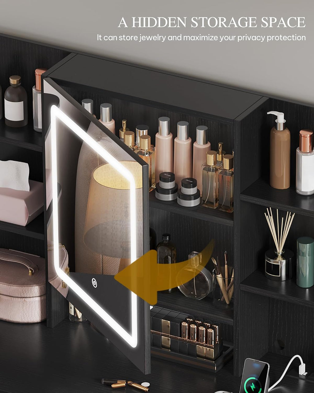 YITAHOME Vanity Desk with Mirror and Lights | Makeup Vanity Table Set with 3 Storage Drawers, Power Outlet, Chair and 6 Open Shelves, Black