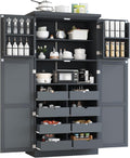 SOFTSEA Freestanding Kitchen Pantry Cabinet, Tall Storage Cabinet with Adjustable Shelves and 2 Door Shelves, Kitchen Storage Cupboard with 8 Pull-Out Trays for Dining Room, 35.5x17.6x70.9 Inch, Gray