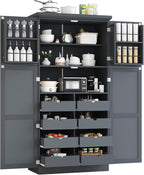 SOFTSEA Freestanding Kitchen Pantry Cabinet, Tall Storage Cabinet with Adjustable Shelves and 2 Door Shelves, Kitchen Storage Cupboard with 8 Pull-Out Trays for Dining Room, 35.5x17.6x70.9 Inch, Gray
