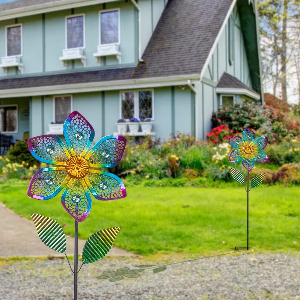 Wind Spinner with Metal Stake, Outdoor Garden Pinwheels Spinners Hollow-Out Flower Shape Design for Yard Lawn Patio Decor (2 Pack)