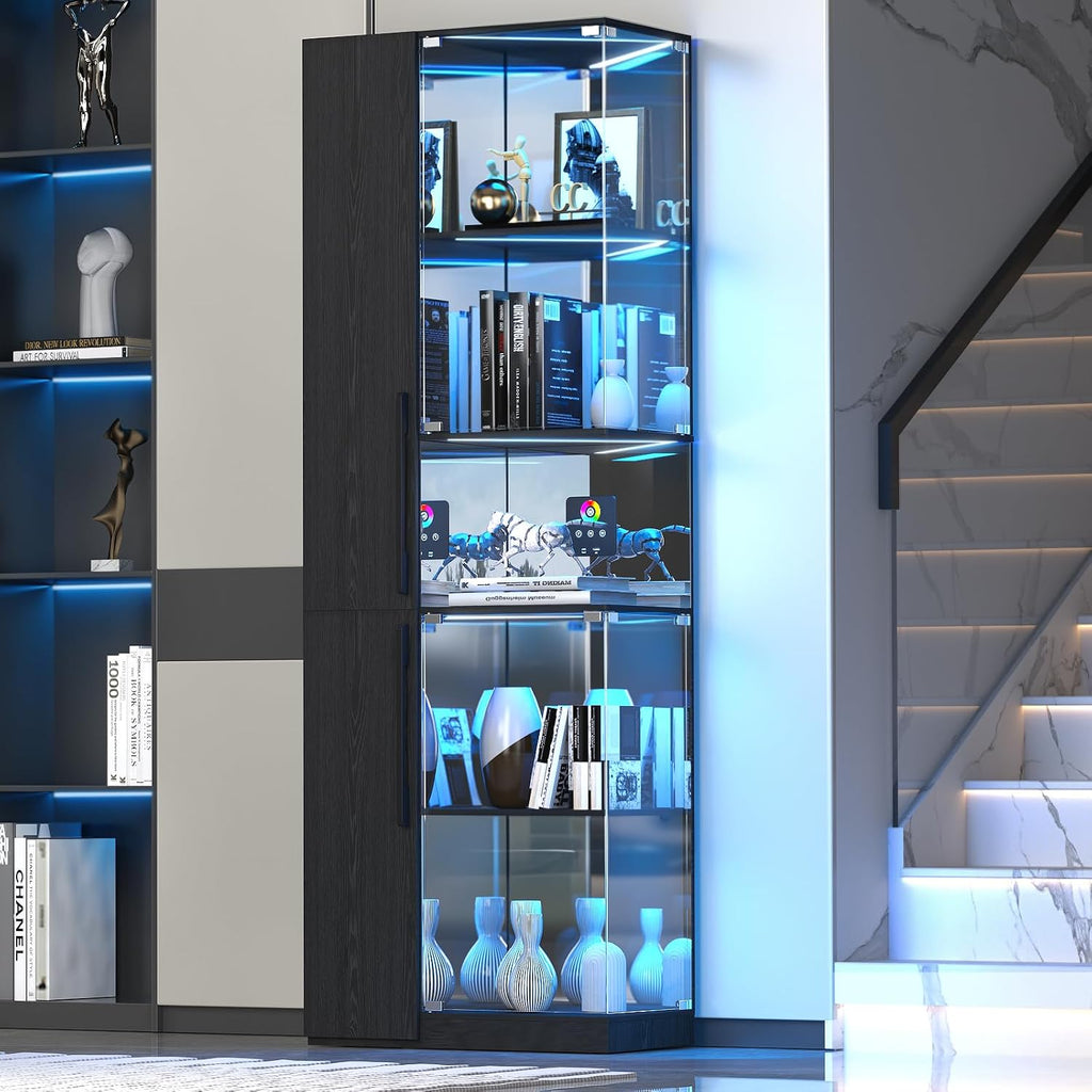 VersionTECH. Glass Display Cabinet with RGB Lights, 5-Tier Curio Cabinets with Glass Doors for Collectibles, Display Case with Adjustable Shelves, Human Sensor, Charging Station, Mirror Backing, Black