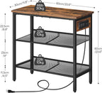 HOOBRO End Table, 3-Tier Narrow Side Table with Charging Station, Nightstand with 2 Flat or Slant Adjustable Shelves for Small Spaces, Living Room, Bedroom, Rustic Brown and Black BF23UBZ01G1