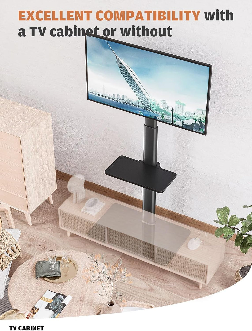 Universal Floor TV Stand with Mount 80 Degree Swivel Height Adjustable and Space Saving Design for Most 27 to 65 inch LCD, LED OLED TVs, 2 Shelves Perfect for Corner & Bedroom HT2002B