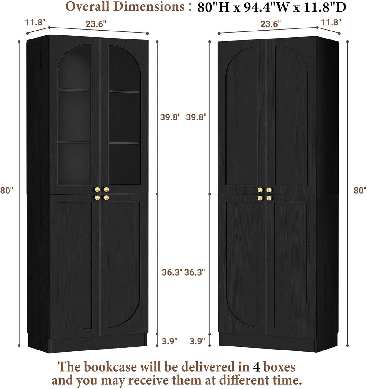 Cyclysio 80" Tall Kitchen Pantry, Wide Arch Storage Cabinets with 4 Glass Doors and Adjustable Shelves, Freestanding Wood Floor Cupboard with Seamless Fit Wall for Living Room, Dining Room