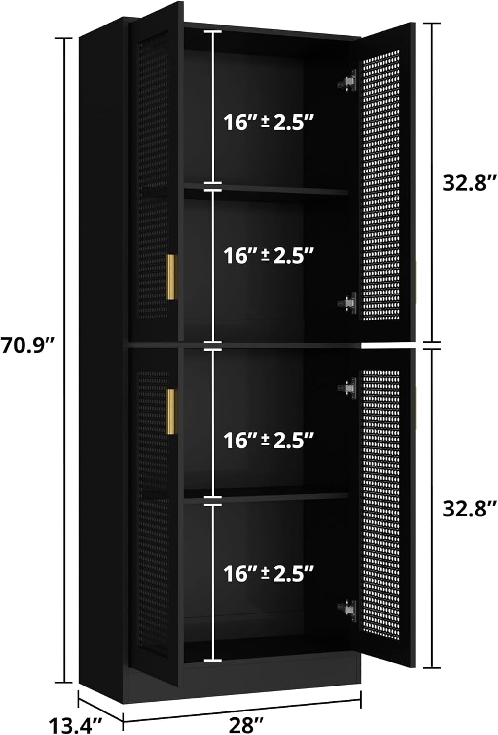 Cozy Castle Kitchen Pantry Cabinet, 71" Tall Rattan Doors Storage Cabinet and Adjustable Shelves, Modern Farmhouse Wood Cupboard Utility Hutch for Kitchen, Dining Room, Living Room (Black)