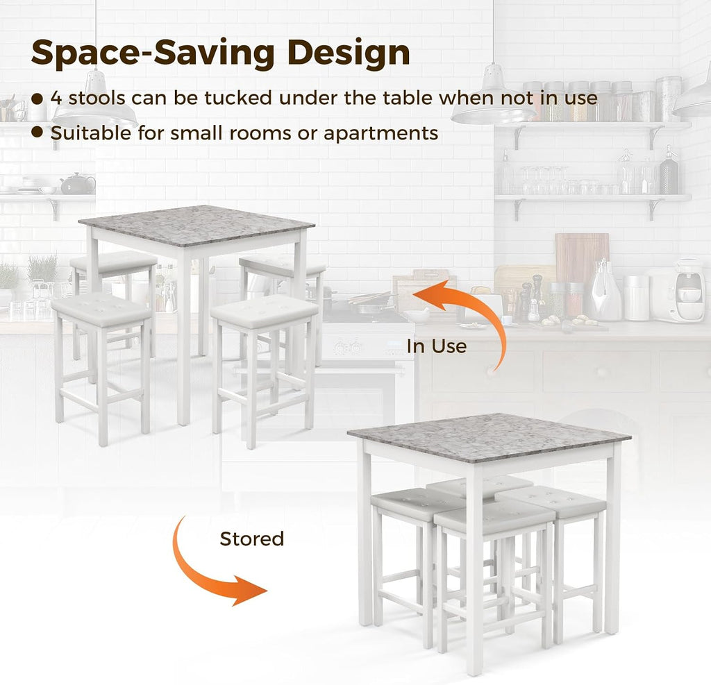 Tangkula 5-Piece Counter-Height Bar Table Set, Faux Marble Square Table & 4 PVC Leather Bar Stools w/Rubber Wood Legs, Modern Dining Set for Kitchen, Breakfast Nook & Small Spaces (White)