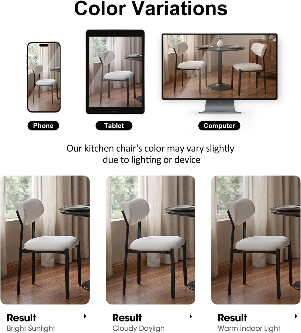 Dining Chairs, Modern Upholstered Fabric Kitchen Chairs | Textured Fabric, Curved Back, Upholstered Seat, Metal Frame, Dining Room, Kitchen, Breakfast Nook, Restaurant, White