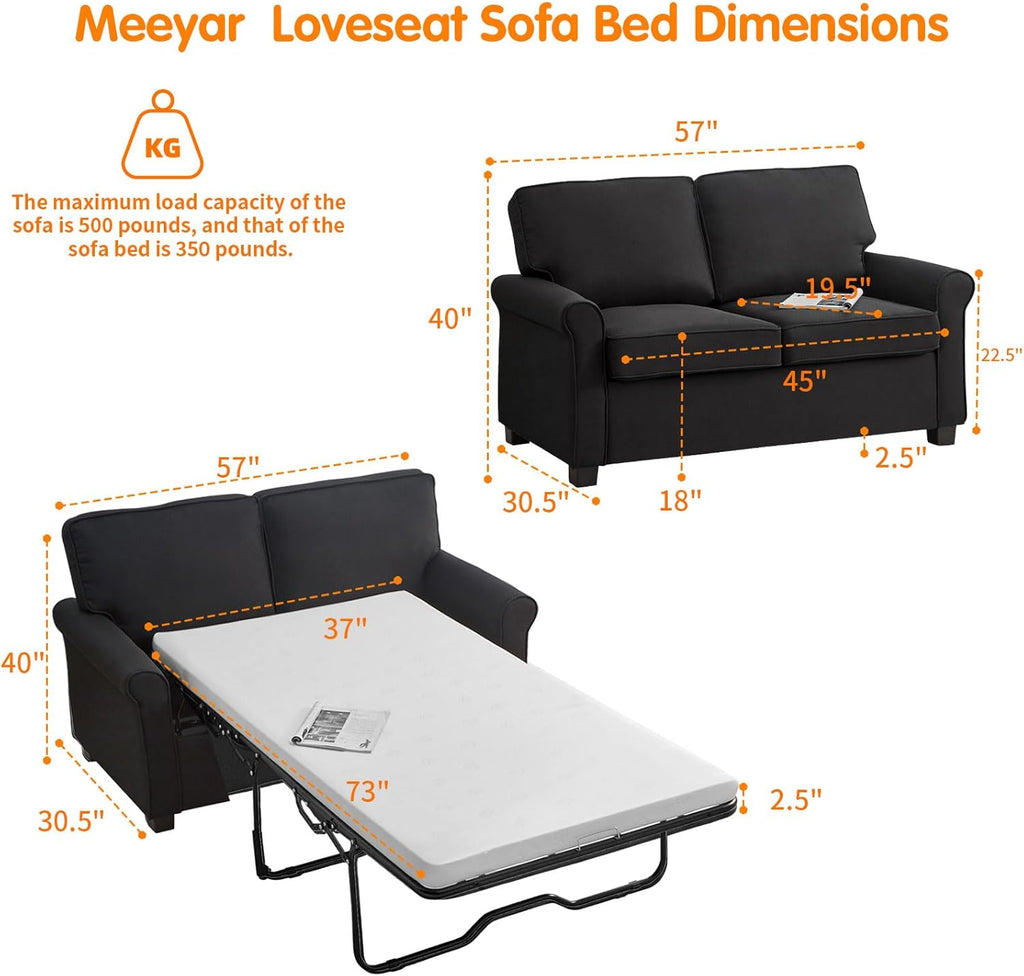 Pull Out Sofa Bed with Mattress, 57" Convertible Sofa Bed Loveseat, Twin Sleeper Sofa Couch with Pocketed Coil Seating, Upholstered Fabric Sofa Bed for Small Spaces,Black