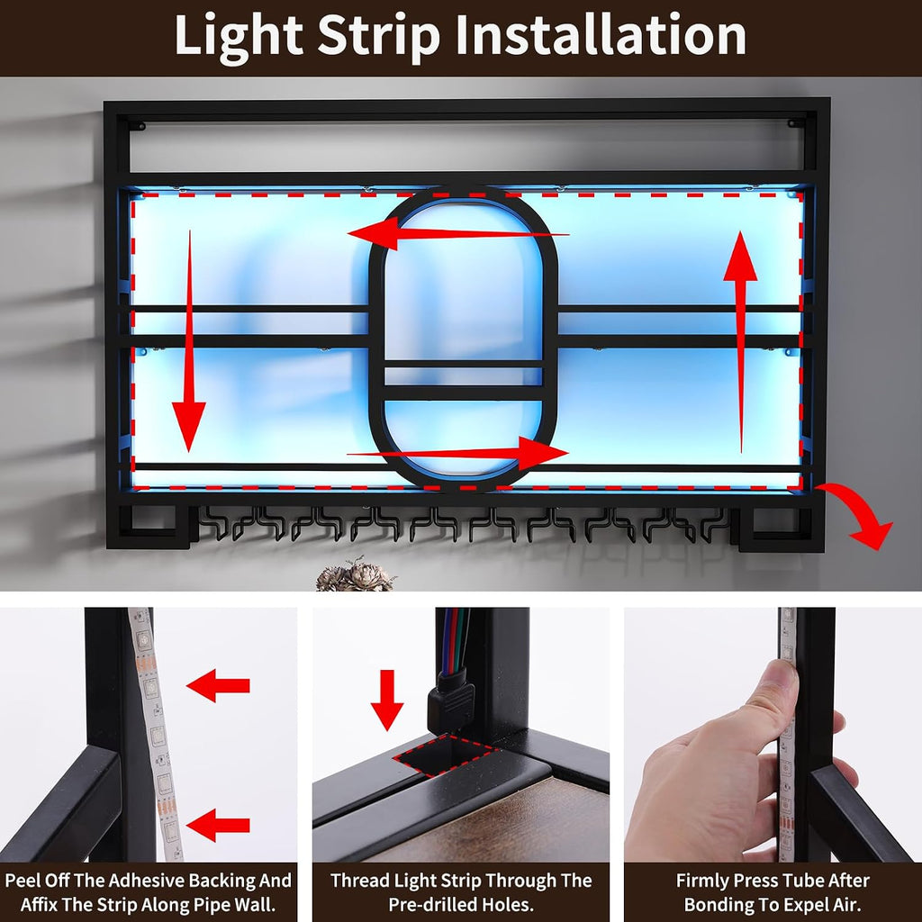 Boshen Fully Assembled 3-Tiers 47in Wine Rack Wall Mounted with LED Light | Floating Bar Shelves, Hanging Industrial Liquor Shelf, Wall-Mounted, Home, Bar, No Assembly Required, Glass Holder