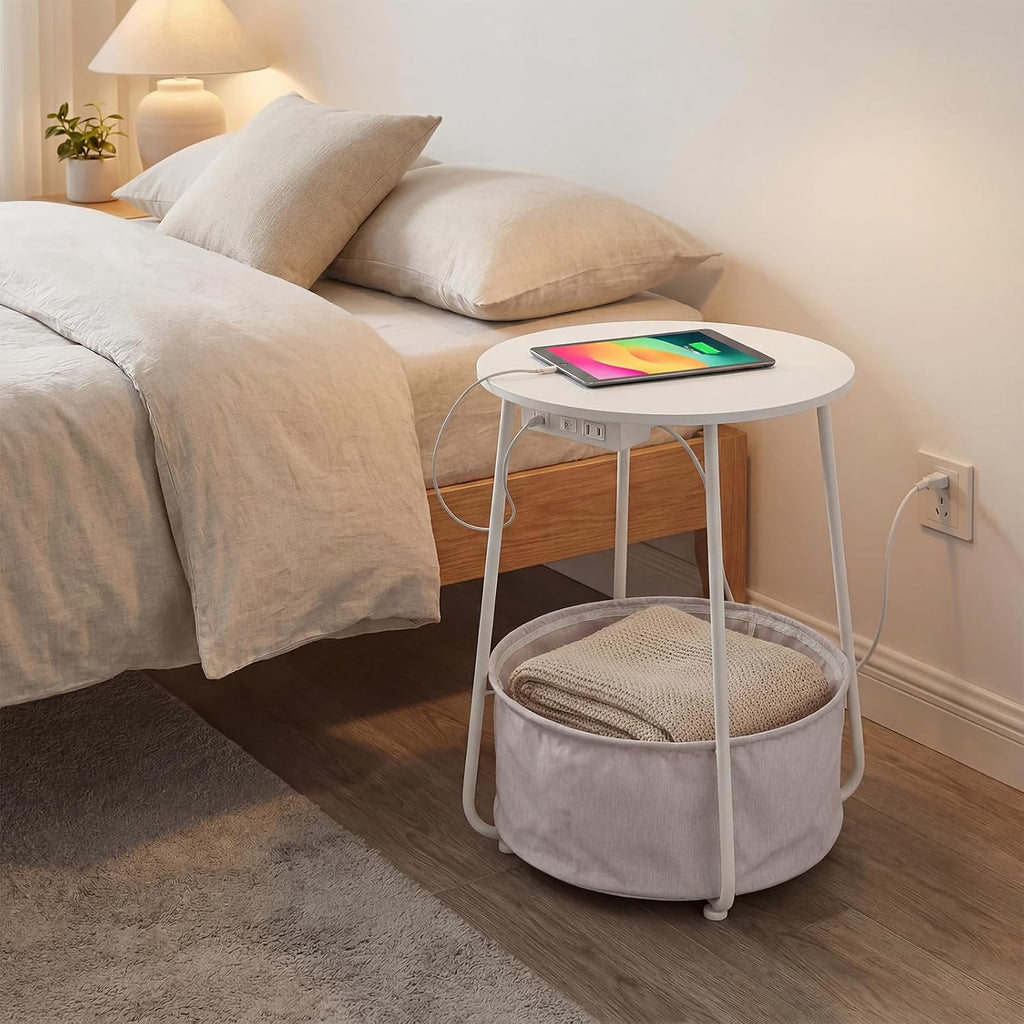 Round Side Table with Charging Station & USB Ports, Modern End Table Nightstand with Fabric Storage Basket, Matte White & Camel Brown Accent Table for Living Room, Bedroom (White)