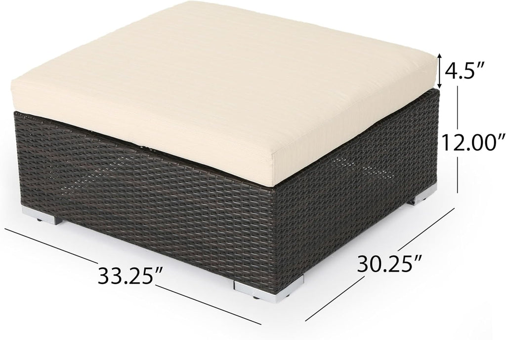 roomfitters Outdoor Wicker Ottoman with Cushion for Stylish Patio Furniture, Versatile Garden Footrest or Extra Seating, Comfortable and Durable, Beige