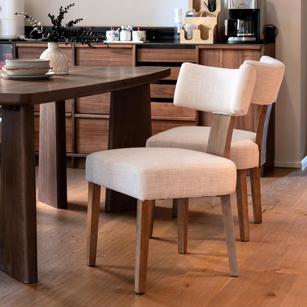 Modern Upholstered Dining Chairs Set of 6, Curved Mid Back, Farmhouse Beige Linen Dining Room Chairs, Natural Wooden Armless Side Chair for Small Space/Kitchen/Restaurant