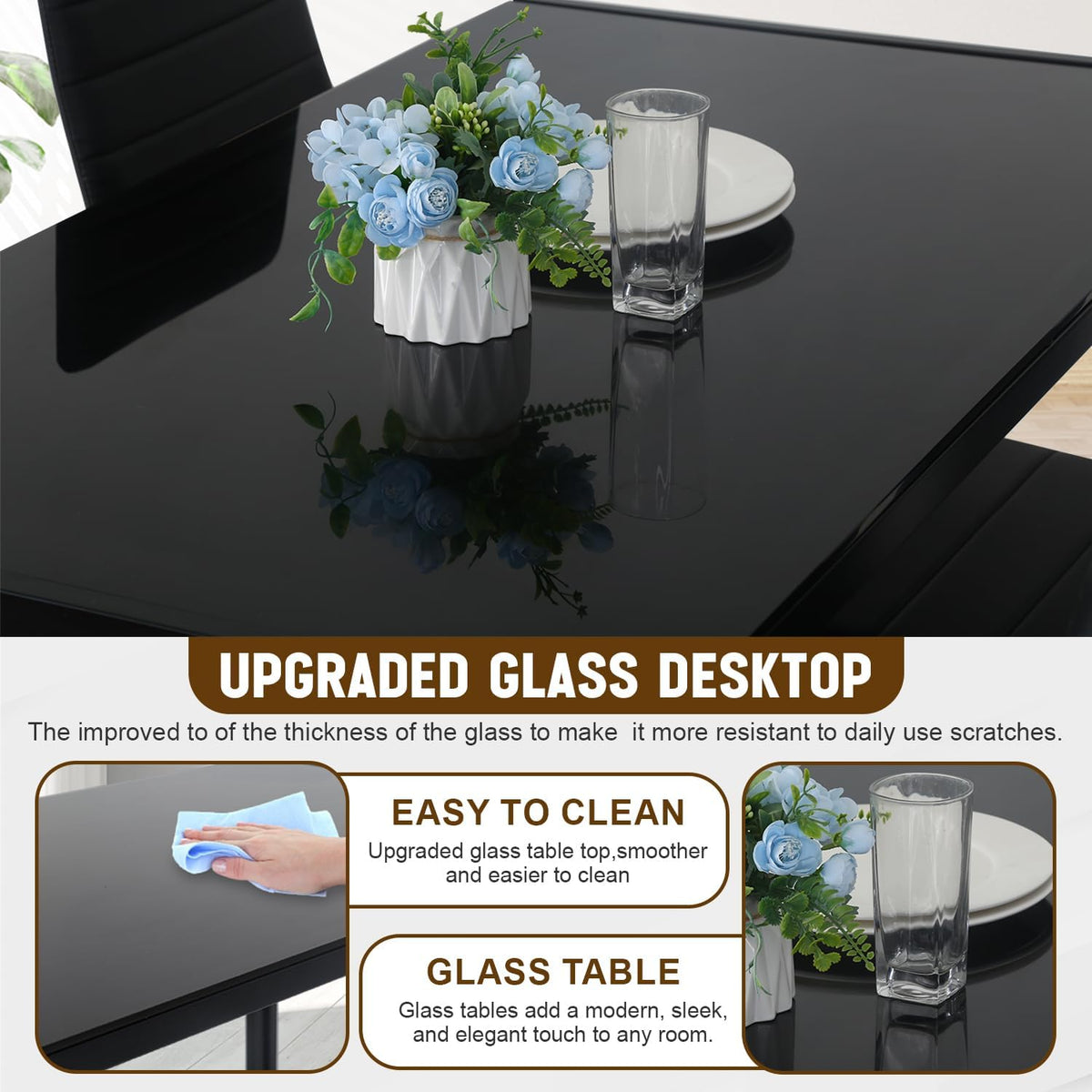 NChanmar Dining Table Set for 4 Furniture 5 Piece Faux Dining Set, Modern Kitchen Table with Upholstered PU Leather Chairs and Glass Tabletop for Breakfast Nook Small Spaces,Black