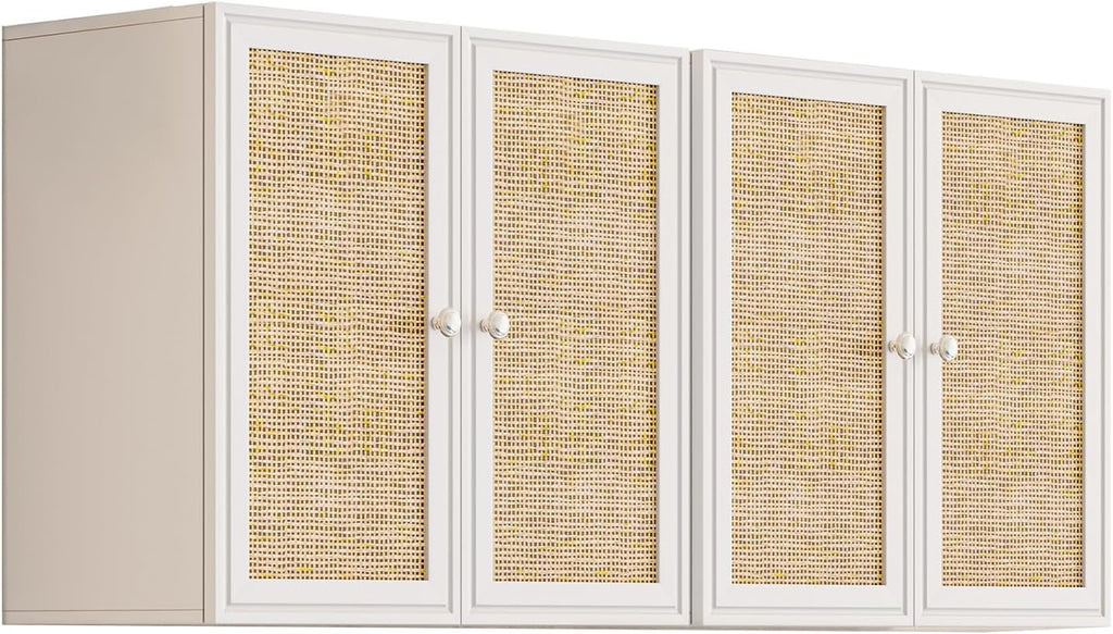 Laundry Room Cabinets with Lights, 24INCH Bathroom Cabinets Wall Mounted with Adjustable Shelves, Rattan Wall Cabinet for Bedroom, Kitchen, Bathroom (2PCS, White)