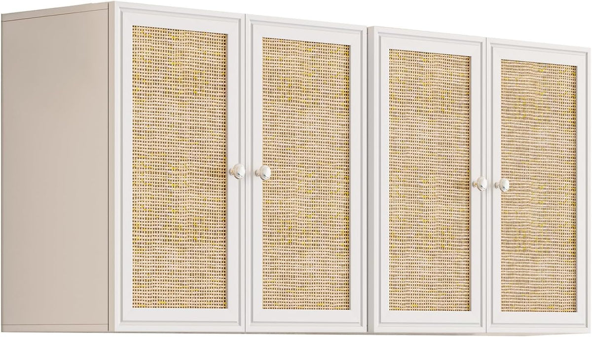 Laundry Room Cabinets with Lights, 24INCH Bathroom Cabinets Wall Mounted with Adjustable Shelves, Rattan Wall Cabinet for Bedroom, Kitchen, Bathroom (2PCS, White)