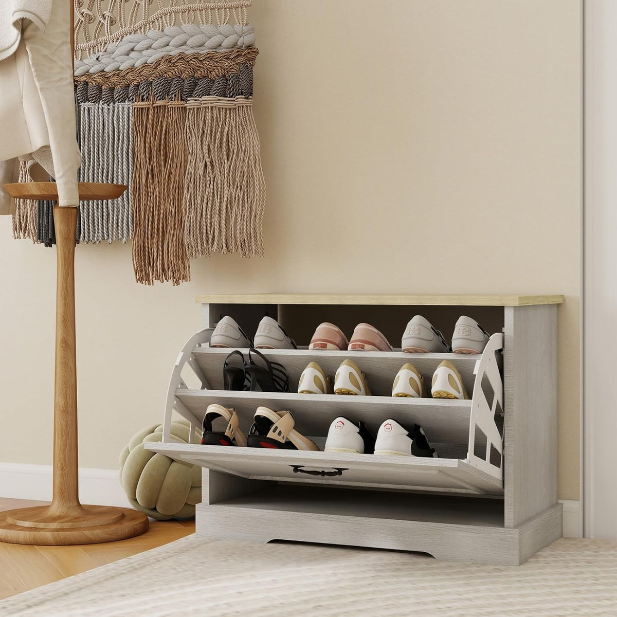 Antique Shoe Storage Bench Small Shoe Cabinet for Entryway, Hallway, Bedroom, with Flip Drawer & Adjustable Shelf, with Ventilation, MDF Wood, White, 23.6" L x 11.8" W x 17.7" H