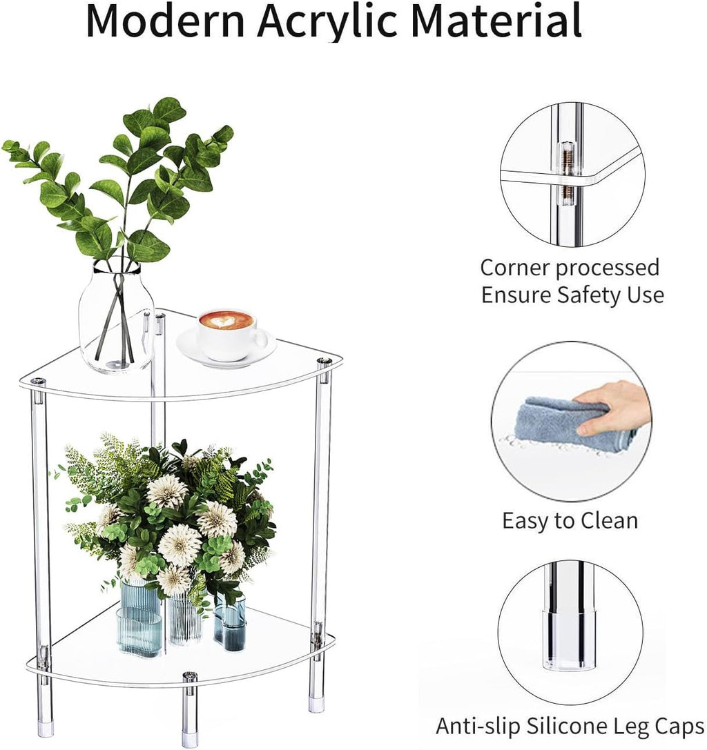 Clear Triangle Acrylic Side Table for Small Space, 11.81" L x 11.81" W x 19.82" H, 2-Tier Corner Shelf Stand End Table for Living Room Bedroom, Corner Display Rack Storage Shelf for Bathroom