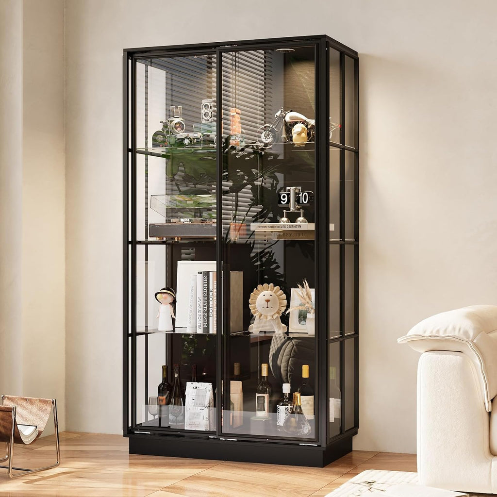 Tall Glass Display Cabinet with Glass Shelving & Sliding Doors, Trophy Case Glass Cabinet with Spotlights Black 39.4”W x 19.7”D x 75.2”H