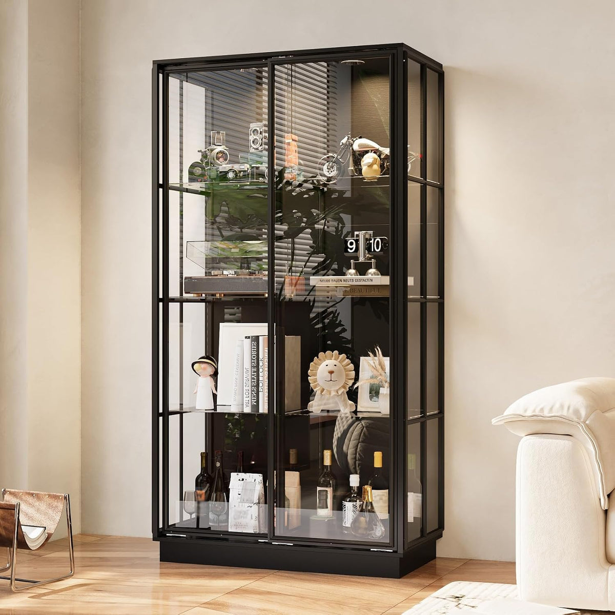 Tall Glass Display Cabinet with Glass Shelving & Sliding Doors, Trophy Case Glass Cabinet with Spotlights Black 39.4”W x 19.7”D x 75.2”H