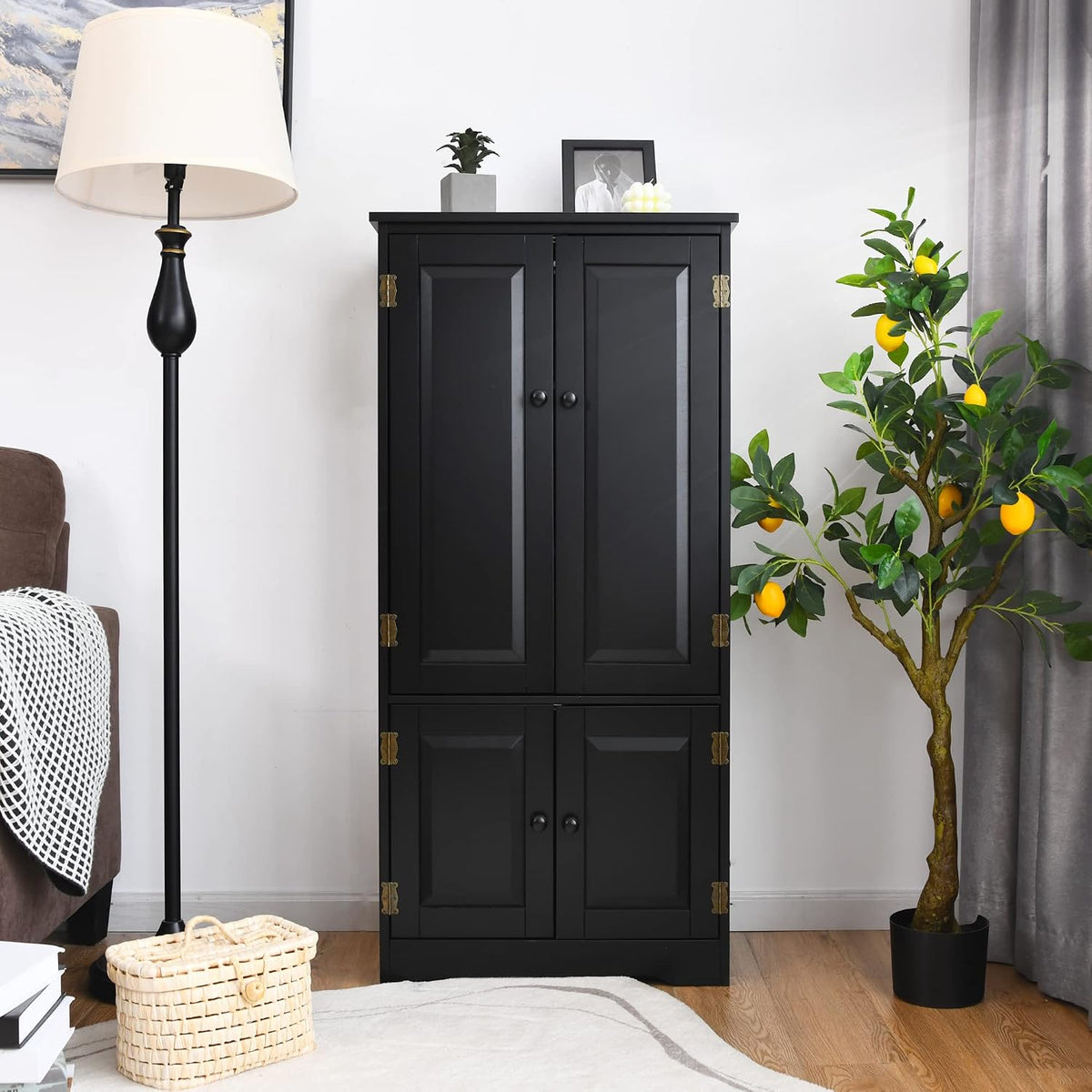 LOKO Kitchen Pantry Storage Cabinet, Modern Kitchen Cupboard with Adjustable Shelves and Anti-toppling Device, Multifunctional Floor Cabinet, 24 x 13 x 48.5 inches (Black)