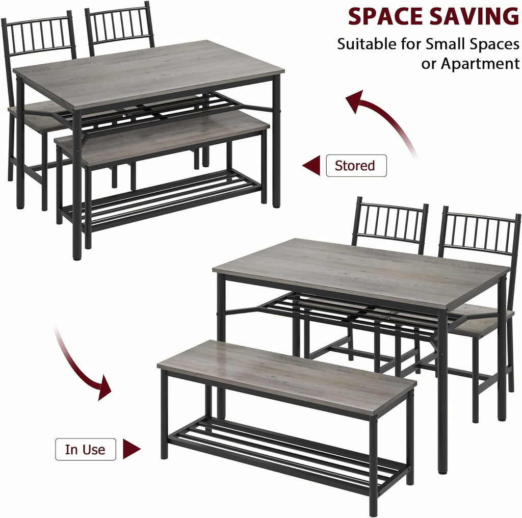 Garvee Dining Table Set for 4 with Bench and Chairs, 4-Piece Kitchen Table Set with Storage – Space-Saving Dining Table for Apartments and Dining Rooms, Gray