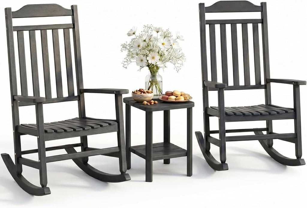 Outdoor Rocking Chairs Set of 2 with Outdoor Side Table, Oversized Ergonomic Front Porch Chairs Set of 2, Small Outdoor Table, All Weather Resistant Furniture for for Lawn, Garden, Patio, Deck
