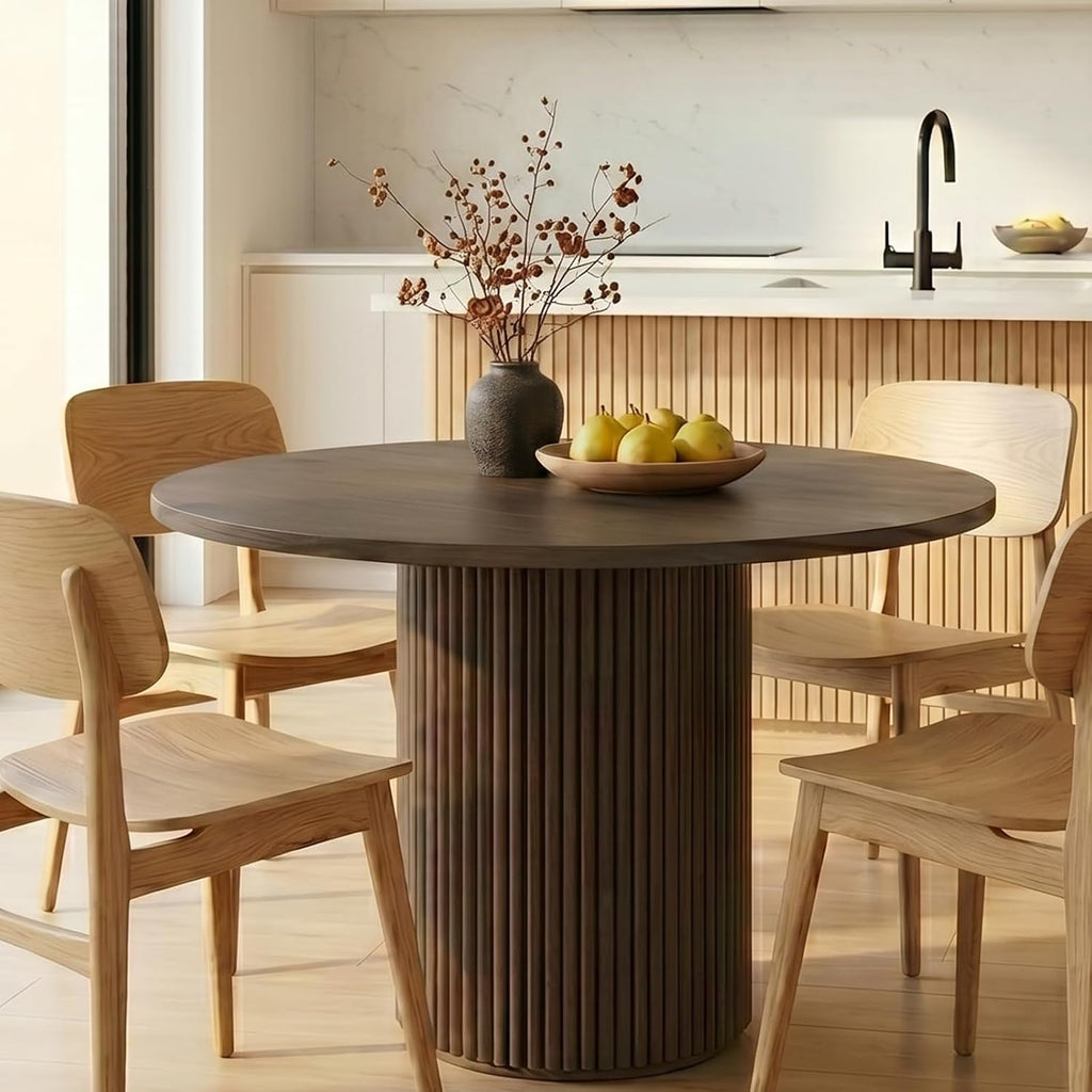 Comfy to go 40 inch Round Dining Table, Pedestal Dining Table with Concrete Core, Thick & Reinforced, Supports up to 300 lbs, Solid Wood Strips, Seats 4 People – Walnut