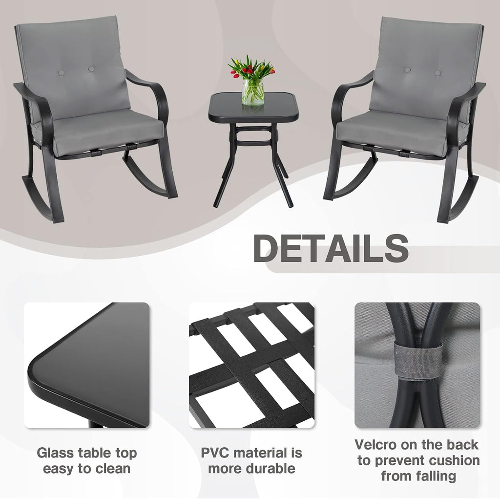 Outdoor 3-Piece Rocking Chairs, Patio Bistro Furniture Set, 2 Black Steel Rocking Chairs with Cushion and Glass Top Coffee Table (Grey)