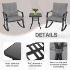 Outdoor 3-Piece Rocking Chairs, Patio Bistro Furniture Set, 2 Black Steel Rocking Chairs with Cushion and Glass Top Coffee Table (Grey)