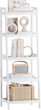 Bamboo Ladder Bookcase 5-Tier Freestanding Shelf, Bathroom Storage Rack & Plant Display Stand, Space Saver Organizer for Bedroom Kitchen Balcony, White, 50" H