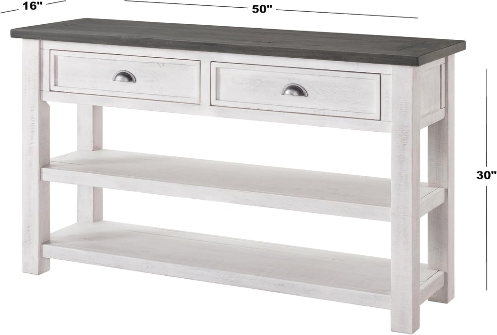 Martin Svensson Home Monterey Solid Wood Sofa Console Table, White & Grey | Farmhouse Style, Pine Wood, Two Drawers, Two Open Shelves for Storage
