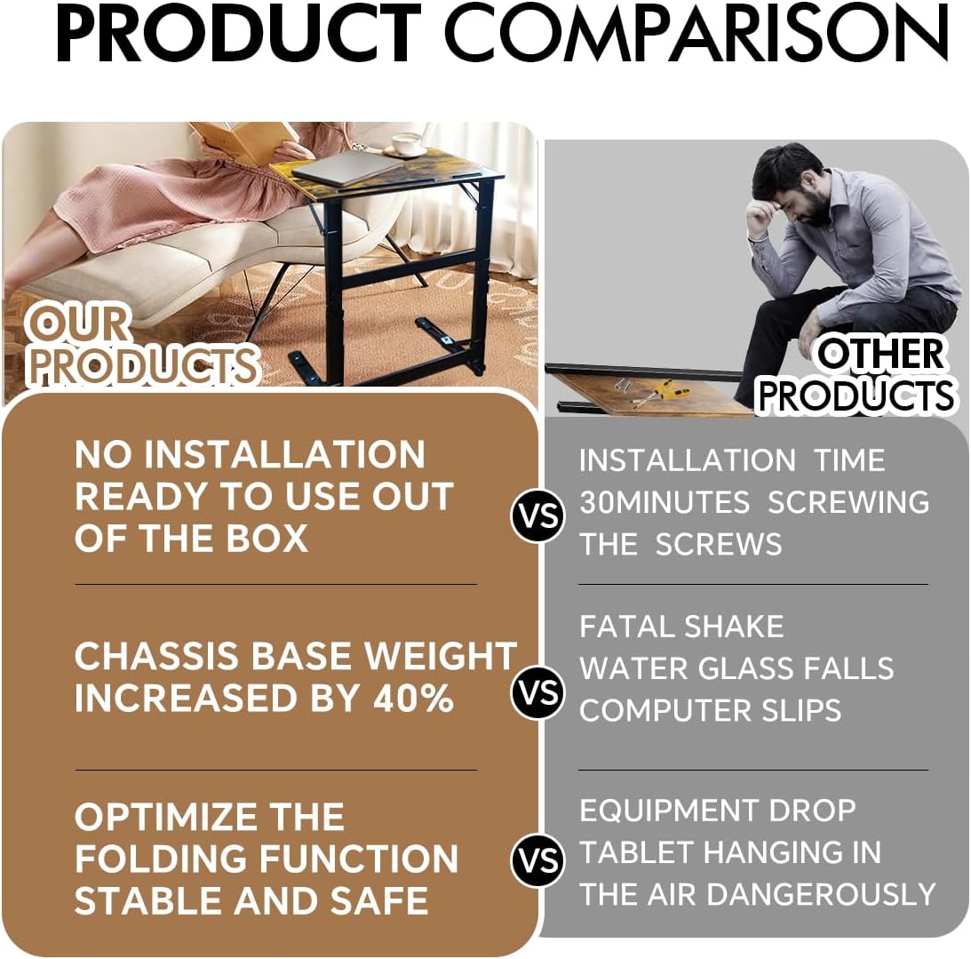 No Assembly Folding TV Tray Table C-Shaped Couch End Table with Cup Holder & Device Slots, Extra Wide Portable Laptop Desk for Eating, Working, Bed, Sofa, Rustic Wood
