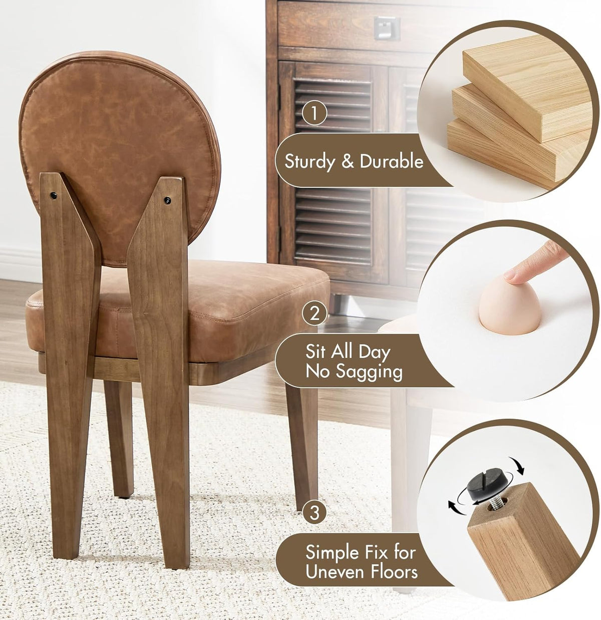 Hyfirm Mid-Century Modern Walnut Dining Chairs Set of 4, Vintage Brown Leather Wooden Kitchen Chairs, Retro Upholstered PU Cushioned Seat with Curved Backrest, Armless Accent Side Chair for Bedroom